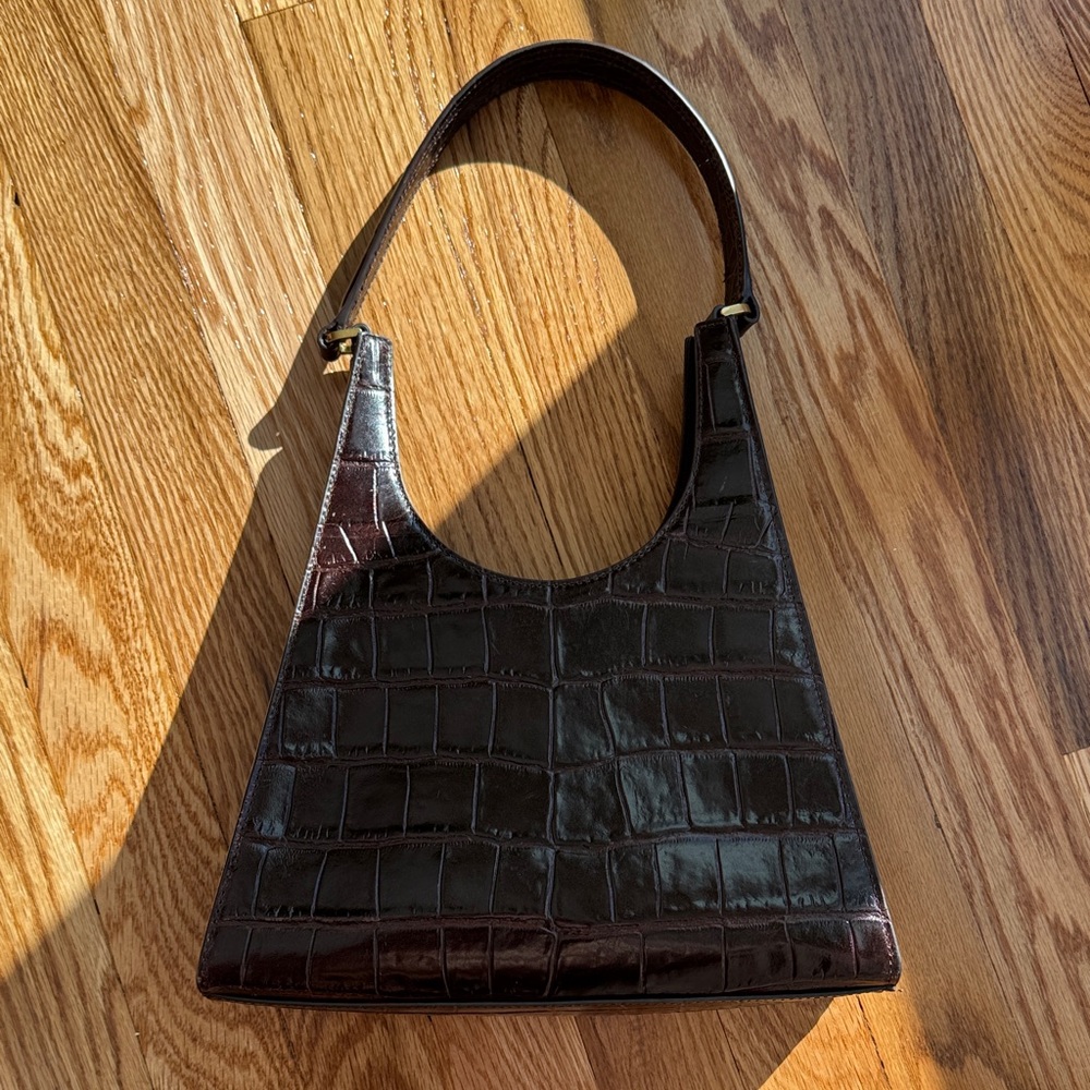 STAUD Dark Brown Croc-Embossed Shoulder Bag